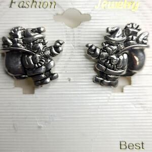 Vintage Santa Claus Christmas Silvertone Metal Stud Earrings 1" NEW Deadstock